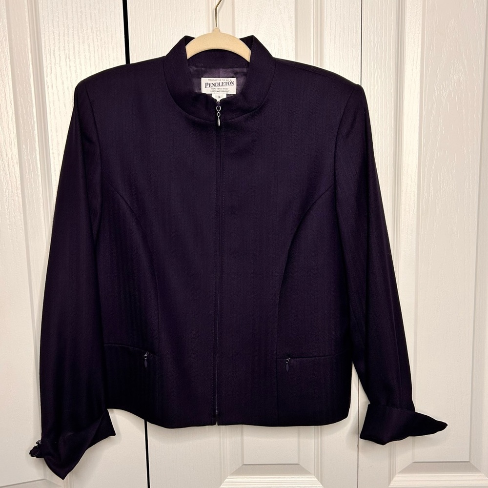 Pendleton Blue Wool Blazer Jacket 14 Zip Mandarin Collar Herringbone Vintage USA